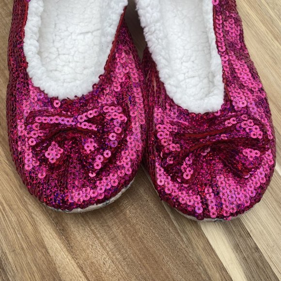 Snoozies Hot Pink Sequined Slipper W/Bow Size L - Picture 3 of 6